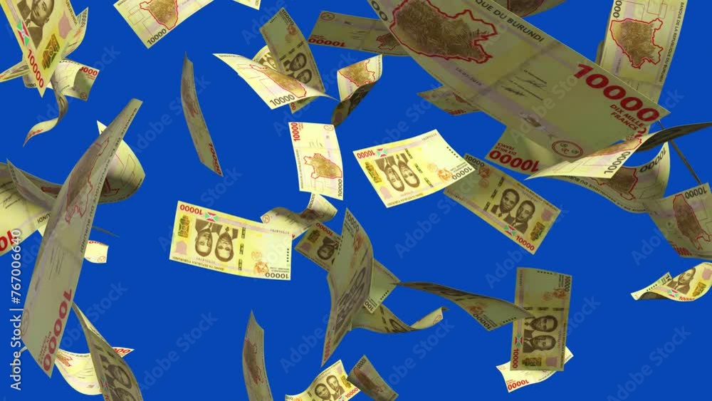 Poster 3d animation of burindian franc notes falling on blue screen. you can remove the background by keyin