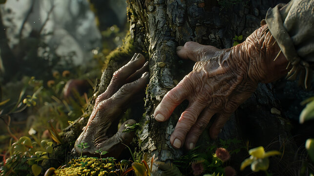 Here the image of an old man's hands with the roots of a tree Generated Ai