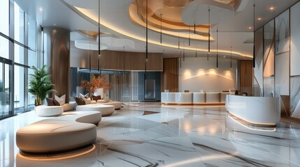Lobby area, waiting area, contemporary style with luxury, curved sofa seating. Generative AI. - obrazy, fototapety, plakaty