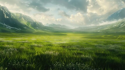stunning nature mountain scenery, green fields 