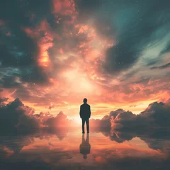 Poster Silhouette of alone person looking at heaven. Lonely man standing in fantasy landscape © CREATIVE STOCK