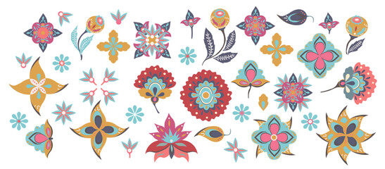 Conjunto de flores variadas con estilo místico, boho, etnico  con inspiración india, gitana, magica con estilo bohemio de moda. Cartel, recurso grafico © Laura Bustos