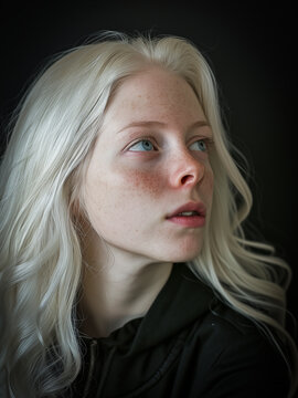 Portrait of beautiful albino woman isolated on dark background