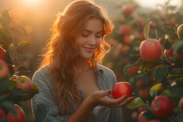 Woman picking eating an apple in an orchard