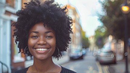 cheerful black woman on street, Young black woman with afro hairstyle smiling in urban background, Modern lifestyle, connection, casual business, Generative AI 
 - obrazy, fototapety, plakaty