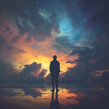 Silhouette of alone person looking at heaven. Lonely man standing in fantasy landscape