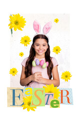 Obraz na płótnie Canvas Magazine creative picture postcard collage of young kid girl rabbit character holding delicious easter sweets