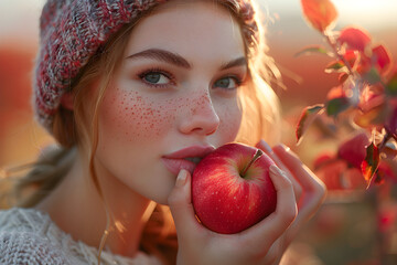 Woman eating an apple outdoors