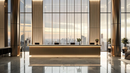 Minimalist lobby design with clean lines and a reception desk bathed in natural light from floor-to-ceiling windows, offering panoramic cityscape views.