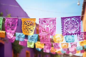 Vibrant, intricately designed papel picado banners fluttering against a sunny sky