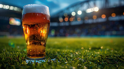 Refreshing beer glass on grass with football stadium background - obrazy, fototapety, plakaty