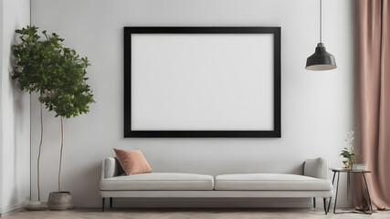  Artifical Intelligence generated image of interior with empty frame.   Blank picture frame hanging on wall, AI generated image