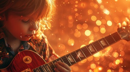 Young child with a passion for music playing guitar in a magical light