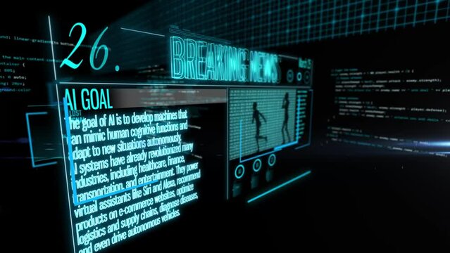 breaking news digital newspaper with artificial intelligence theme concept. Blue glowing text information with black background and programming code