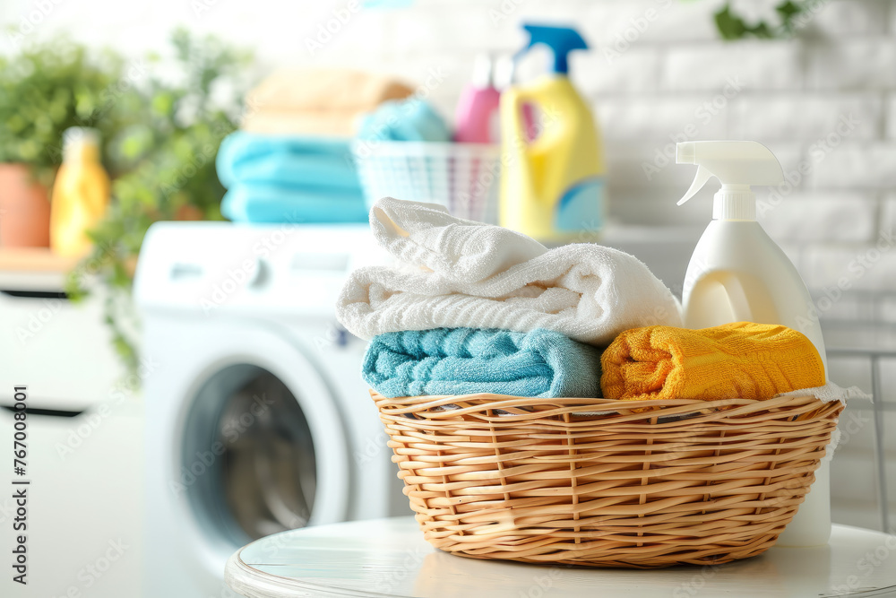 Poster a basket of towels sits on a table next to a washing machine. the basket is filled with towels of di