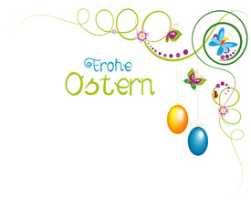 Easter background with colorful eggs and spring green plants.