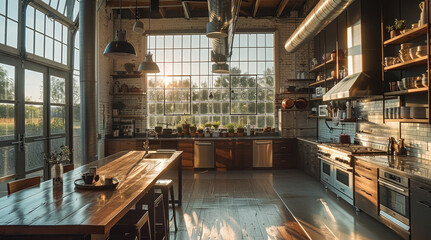 Open kitchen layout Industrial Late afternoon. Generative AI.