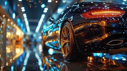 The shimmering reflections of city lights dancing across the polished surface of a luxury car's metallic paint. - obrazy, fototapety, plakaty