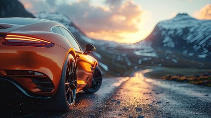 The sleek lines of a modern sports car's side mirror, perfectly framing a scenic mountain vista in the distance. - obrazy, fototapety, plakaty