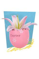 Creative postcard brochure collage of easter surprise sale decorative vase with blooming blossom lily bunch