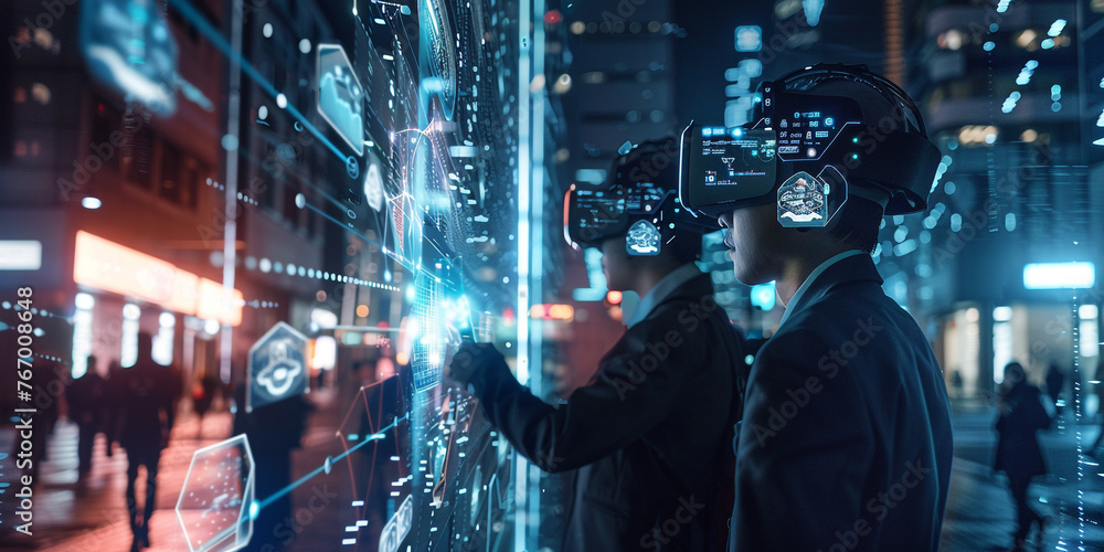 Poster a futuristic graphic illustrating businessman using augmented reality interfaces to access and inter