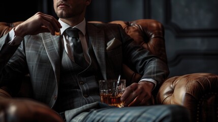 Elegant Leisure: Man with Whiskey in Stylish Setting - obrazy, fototapety, plakaty