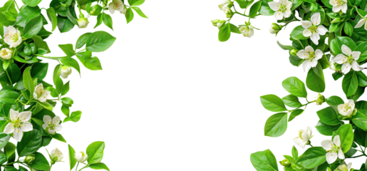 Spring blossom frame with white flowers and green leaves, cut out