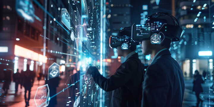 A futuristic graphic illustrating businessman using augmented reality interfaces to access and interpret real-time customer satisfaction data through icons realistic stock photography