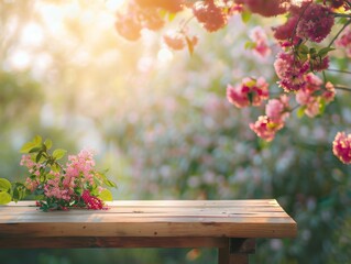 Wooden Bench in Lush Spring Meadow - Tranquility and Nature Concept with Free Copy Space for Product Mockup.