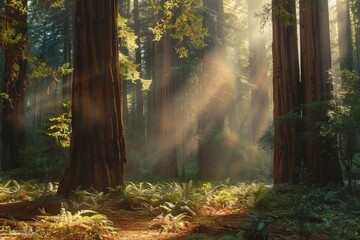 A tranquil forest glen filled with towering redwood trees, with sunlight streaming through the canopy to illuminate the lush undergrowth below - obrazy, fototapety, plakaty