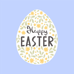 Vector Happy Easter title in egg. Hand drawn style. Filled with flowers. Isolated holiday design element. Blue background.