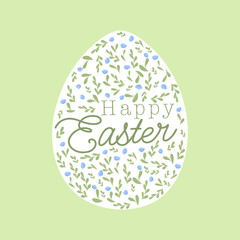 Vector Happy Easter title in egg. Hand drawn style. Filled with flowers. Isolated holiday design element. Green background.