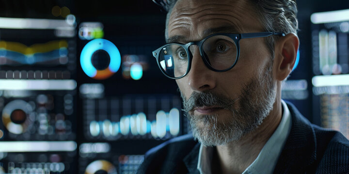 A cinematic image capturing the intensity of a businessman analyzing CRM data trends, showcasing the strategic planning involved in setting growth targets realistic stock photography