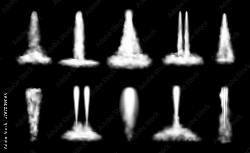 Poster trace or trail from launching rocket or missile to sky. vector isolated set of spaceship taking off,