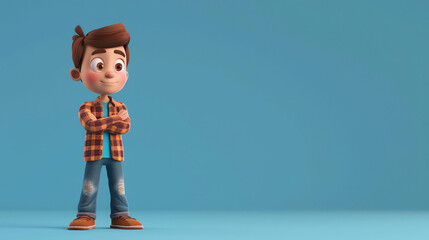 Cheerful 3D cartoon boy in casual clothes standing with crossed arms against blue background.