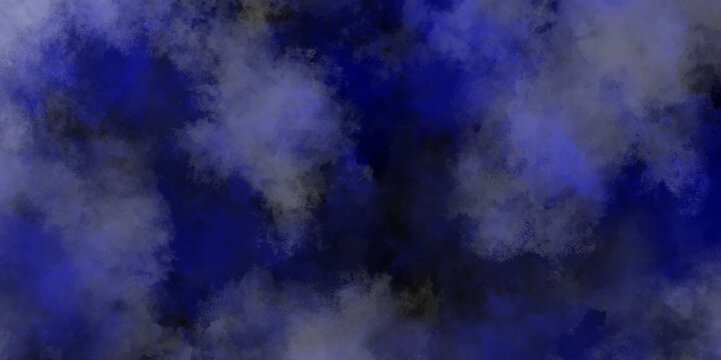 Blue smoke in dark background. Blurry and grunge blue paper texture with white mist. Realistic decorative fog effect and transparent magic mist. Vivid textured aquarelle painted making wallpaper flyer