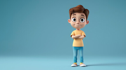 This is a 3D rendering of a young boy. He is standing with his arms crossed and has a confident...