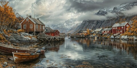 Serene scandinavian fishing village at dusk - obrazy, fototapety, plakaty