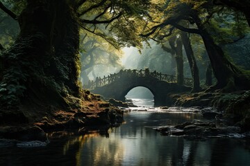 Mystical Sunbeams Over an Enchanted Forest Bridge.  - obrazy, fototapety, plakaty