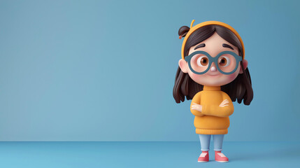 Cheerful 3D cartoon girl wearing glasses and a yellow sweater. She has her arms crossed and a...