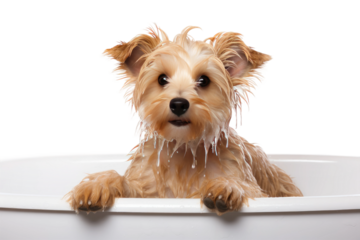 Small Brown Dog Sitting in White Bowl. On a Clear PNG or White Background.