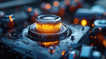 Ultra HD image of a car's radiator cap, its metallic surface gleaming with the promise of efficient engine cooling, captured in stunning detail. - obrazy, fototapety, plakaty