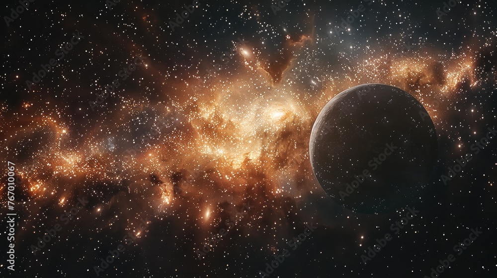 Poster the vast universe, with nebulae in the background, and a planet nearby. generative ai.