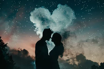 Fotobehang Silhouette of romantic couple with a heart-shaped cloud in a starry sky romance © youriy
