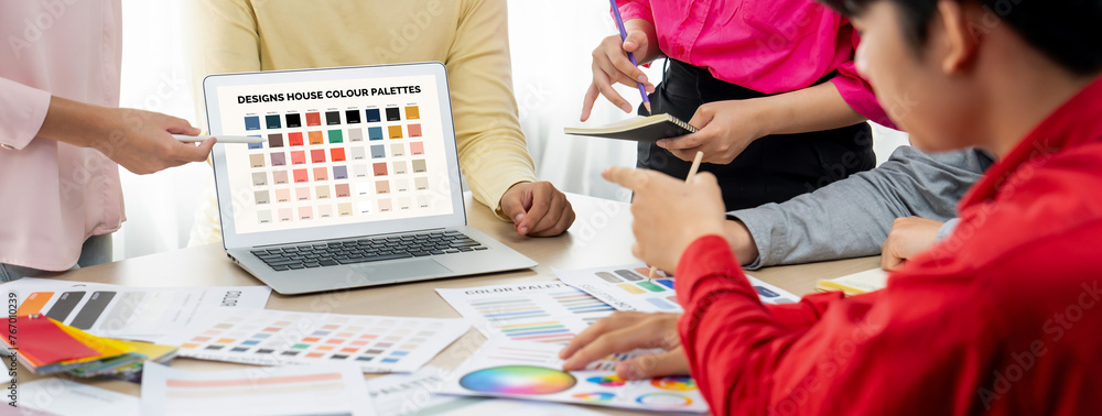 Poster a portrait of creativity graphic designer team select appropriate color for the project by using lap