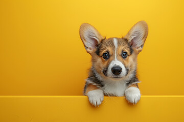 Close-up banner with puppy dog corgi, isolated on yellow background with copy space