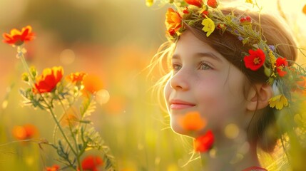 A young girl with a flower crown in a vibrant field of flowers