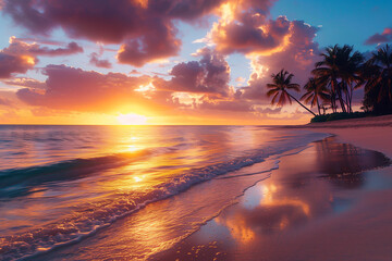 Amazing sunset luxury tropical panorama, beautiful beach background 