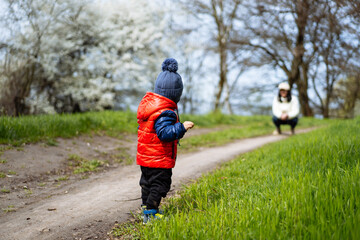 Fototapeta premium Small child walks along path with his mother in the spring