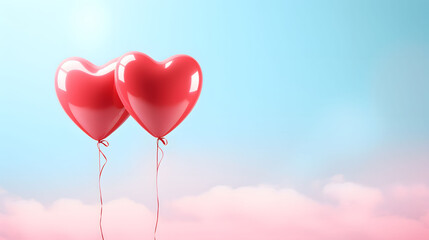 Two red heart shaped balloons floating on a pastel blue background